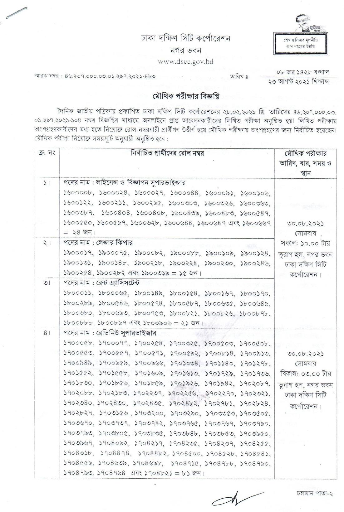 ঢাকা দক্ষিণ সিটি কর্পোরেশনের চাকরির পরীক্ষার ফলাফল প্রকাশ 