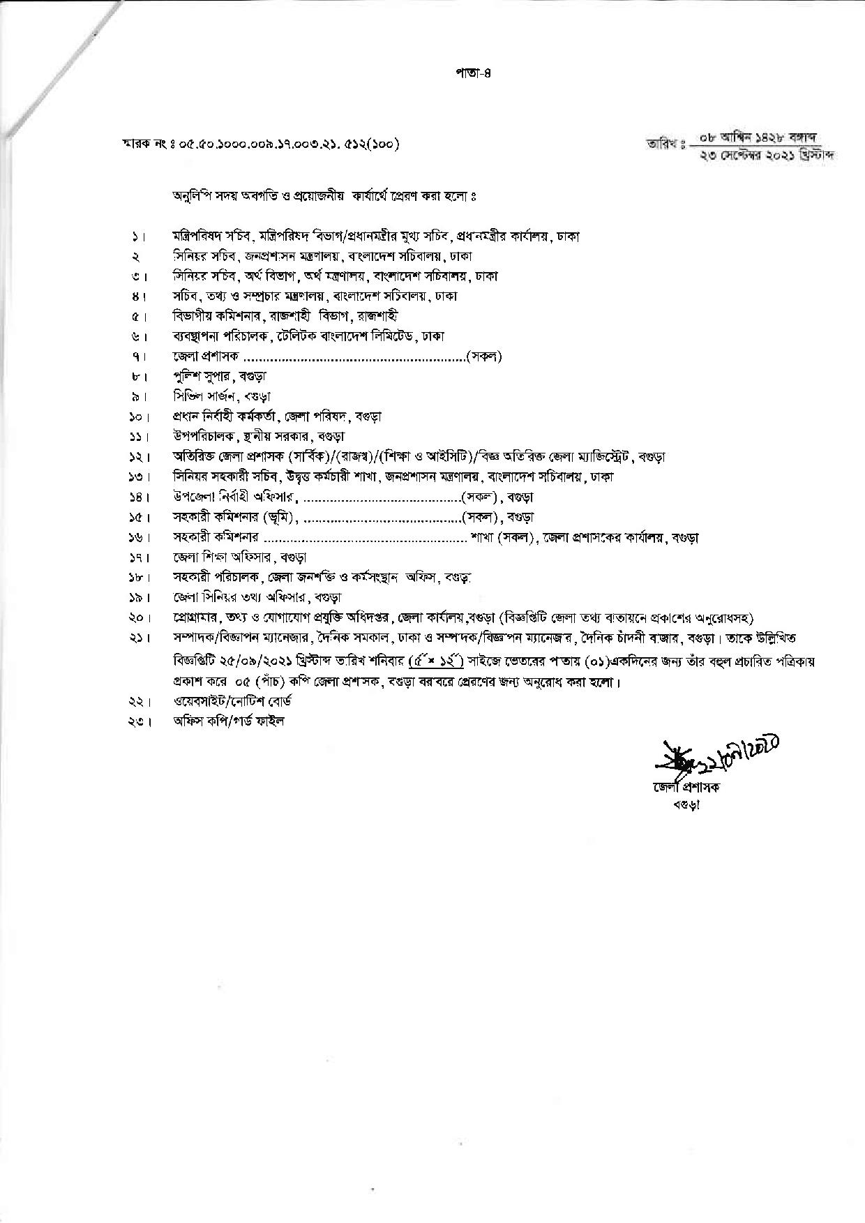 জেলা প্রশাসকের কার্যালয় বগুড়া এর নতুন নিয়োগ বিজ্ঞপ্তি প্রকাশ