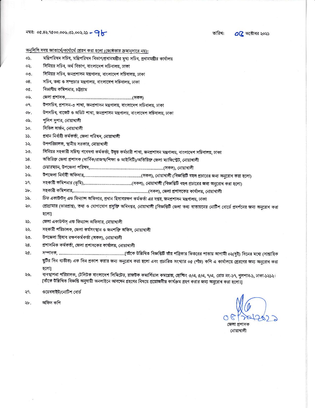 ৫১ পদে জেলা প্রশাসকের কার্যালয় নোয়াখালী এর নতুন নিয়োগ বিজ্ঞপ্তি প্রকাশ