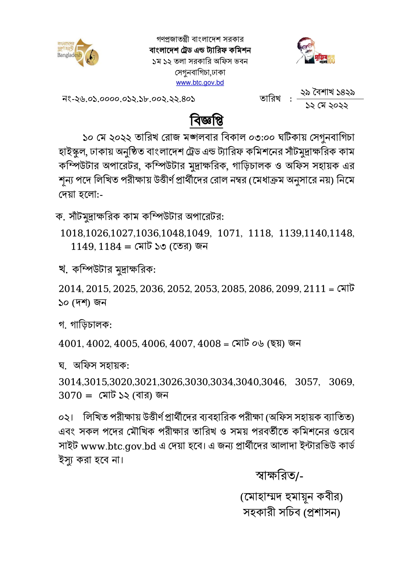 বাংলাদেশ ট্রেড এন্ড ট্যারিফ কমিশনের লিখিত পরীক্ষার ফলাফল প্রকাশ