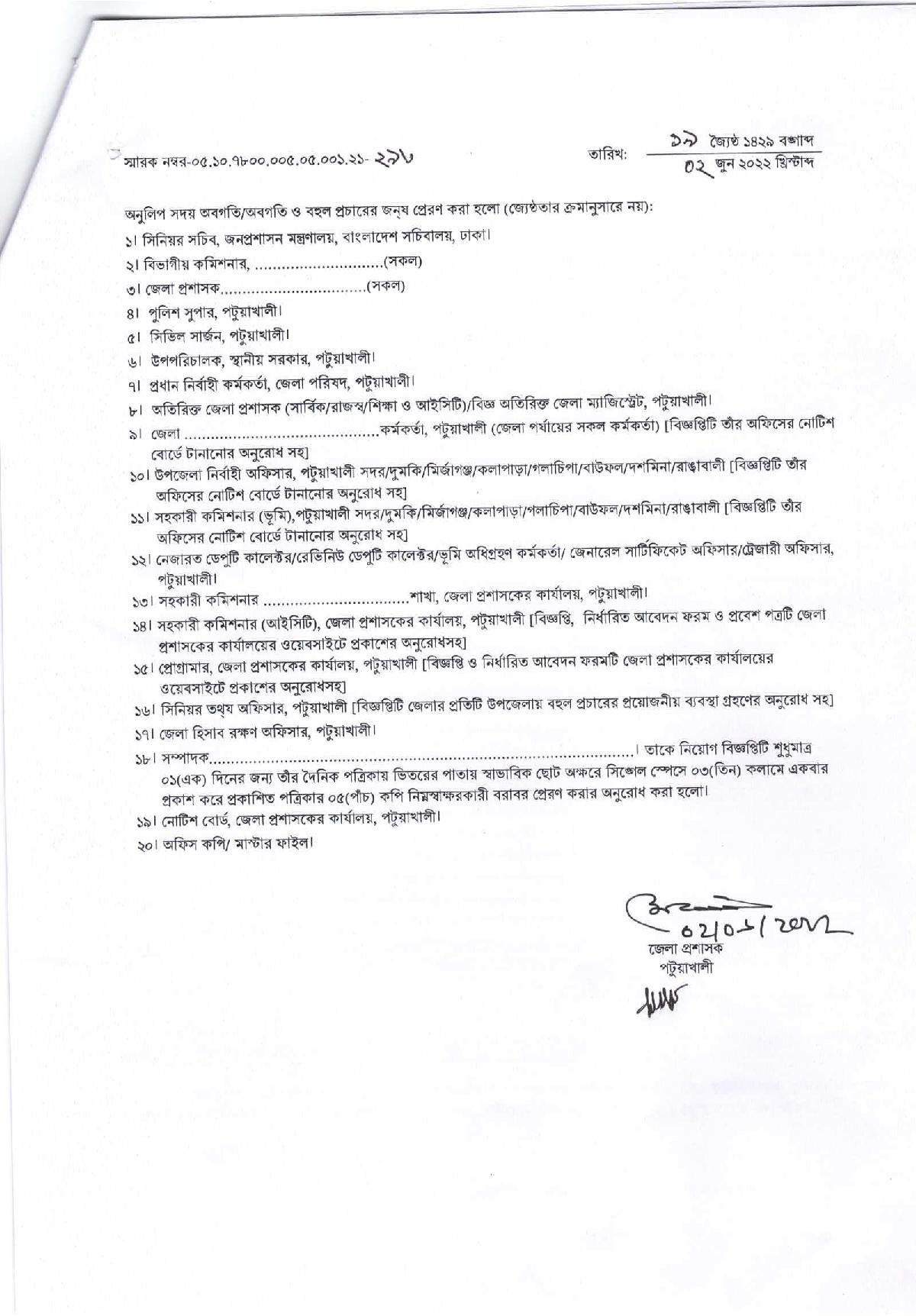 জেলা প্রশাসকের কার্যালয় পটুয়াখালী এর নতুন নিয়োগ বিজ্ঞপ্তি প্রকাশ