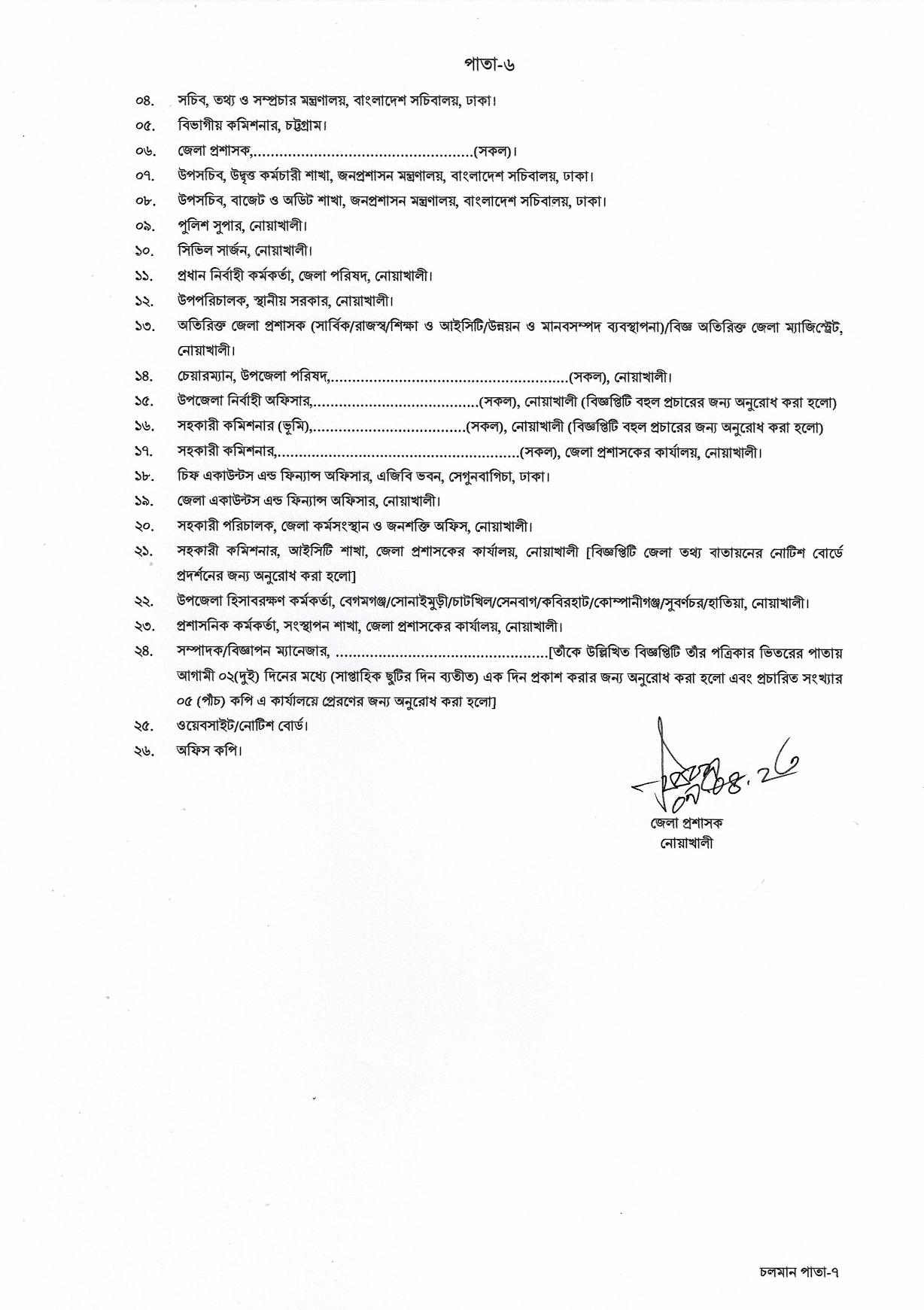 জেলা প্রশাসকের কার্যালয় নোয়াখালি এর নতুন নিয়োগ বিজ্ঞপ্তি প্রকাশ