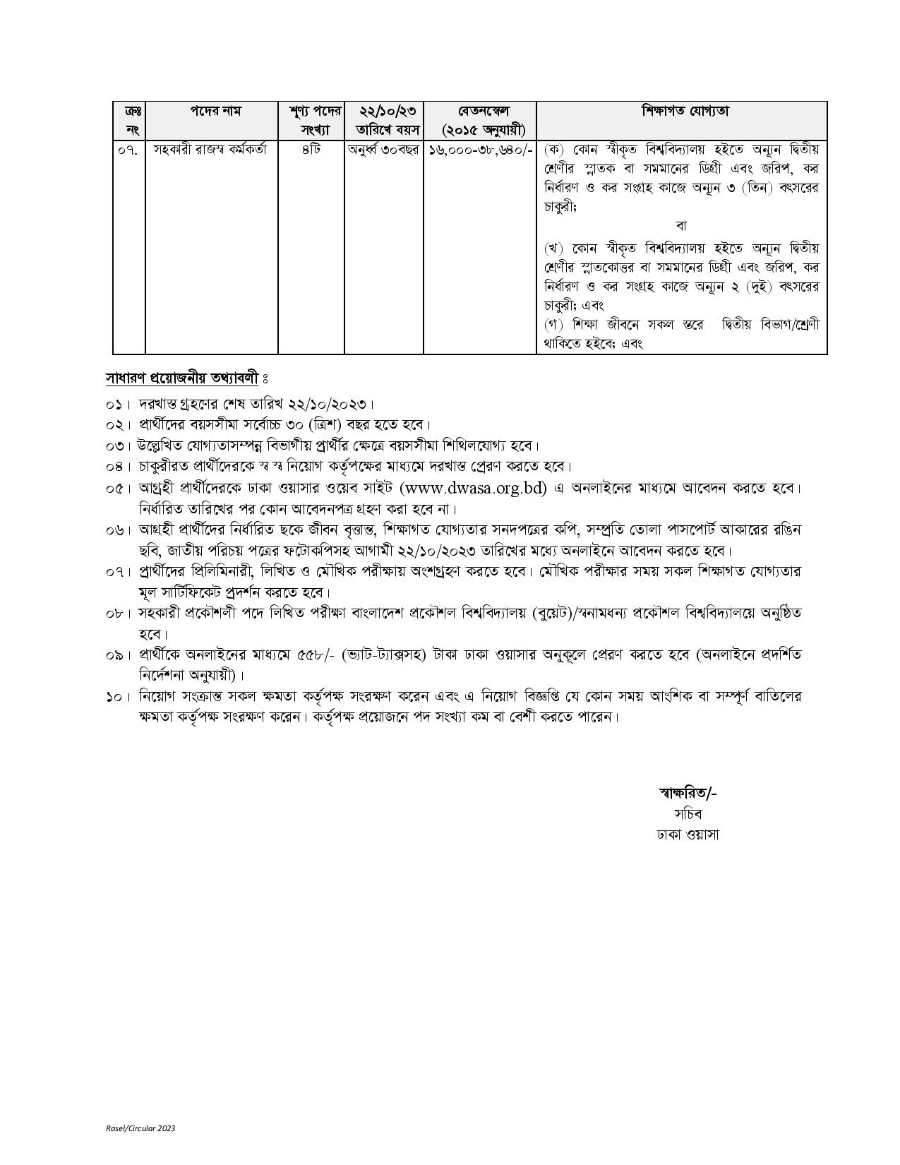 ৪৫ পদে ঢাকা পানি সরবরাহ ও পয়ঃনিষ্কাশন কর্তৃপক্ষ (WASA) এর নতুন নিয়োগ বিজ্ঞপ্তি প্রকাশ