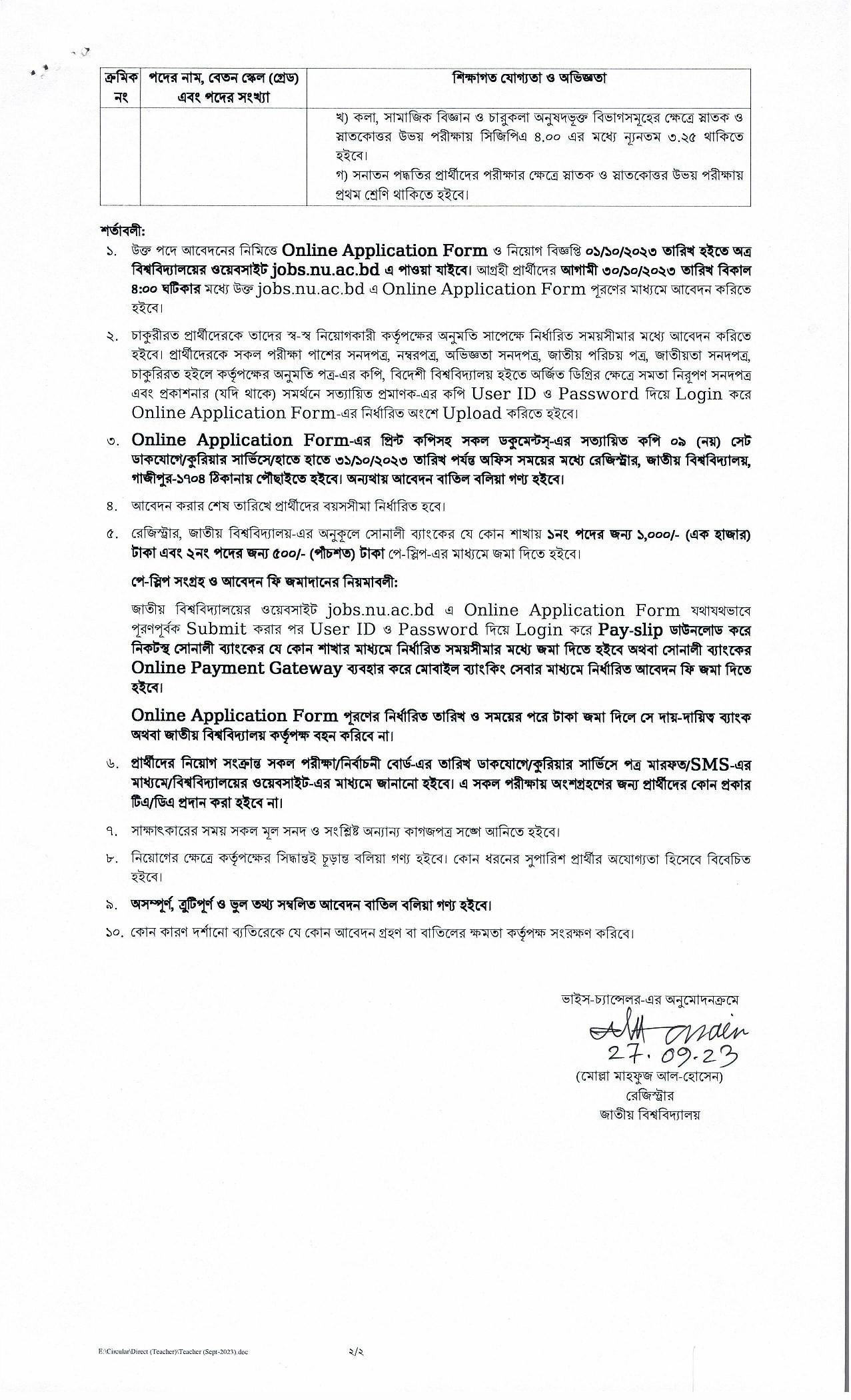 জাতীয় বিশ্ববিদ্যালয়ের চাকরির নিয়োগ বিজ্ঞপ্তি প্রকাশ