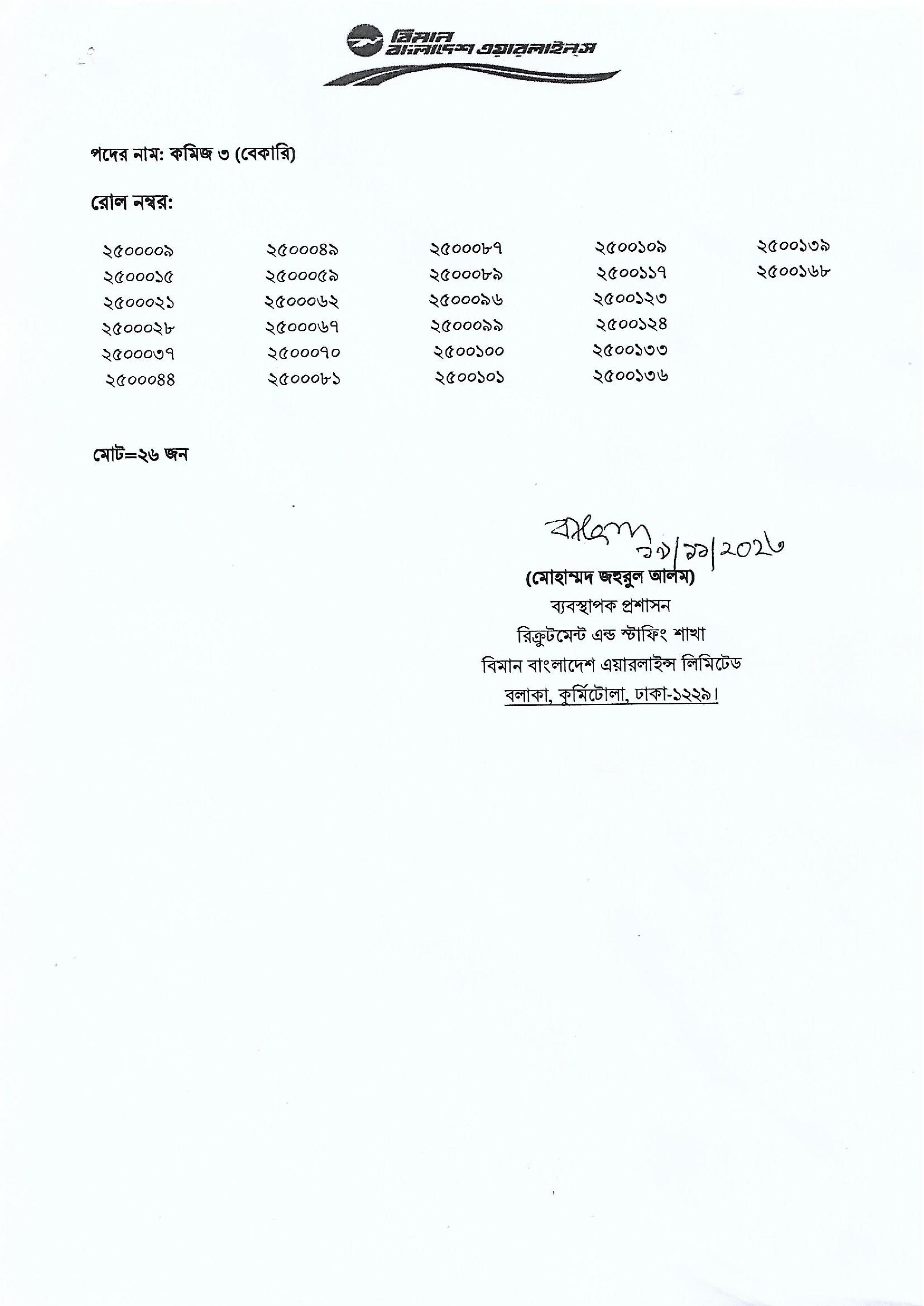 বিমান বাংলাদেশ এয়ারলাইন্স লিঃ এর ব্যবহারিক পরীক্ষার ফলাফল প্রকাশ