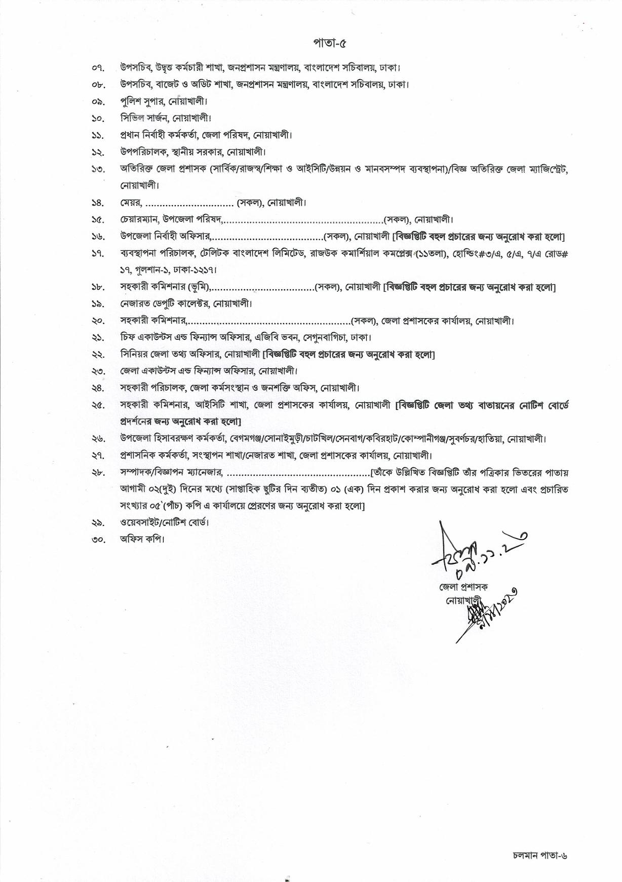 জেলা প্রশাসকের কার্যালয় নোয়াখালী এর নতুন নিয়োগ বিজ্ঞপ্তি প্রকাশ