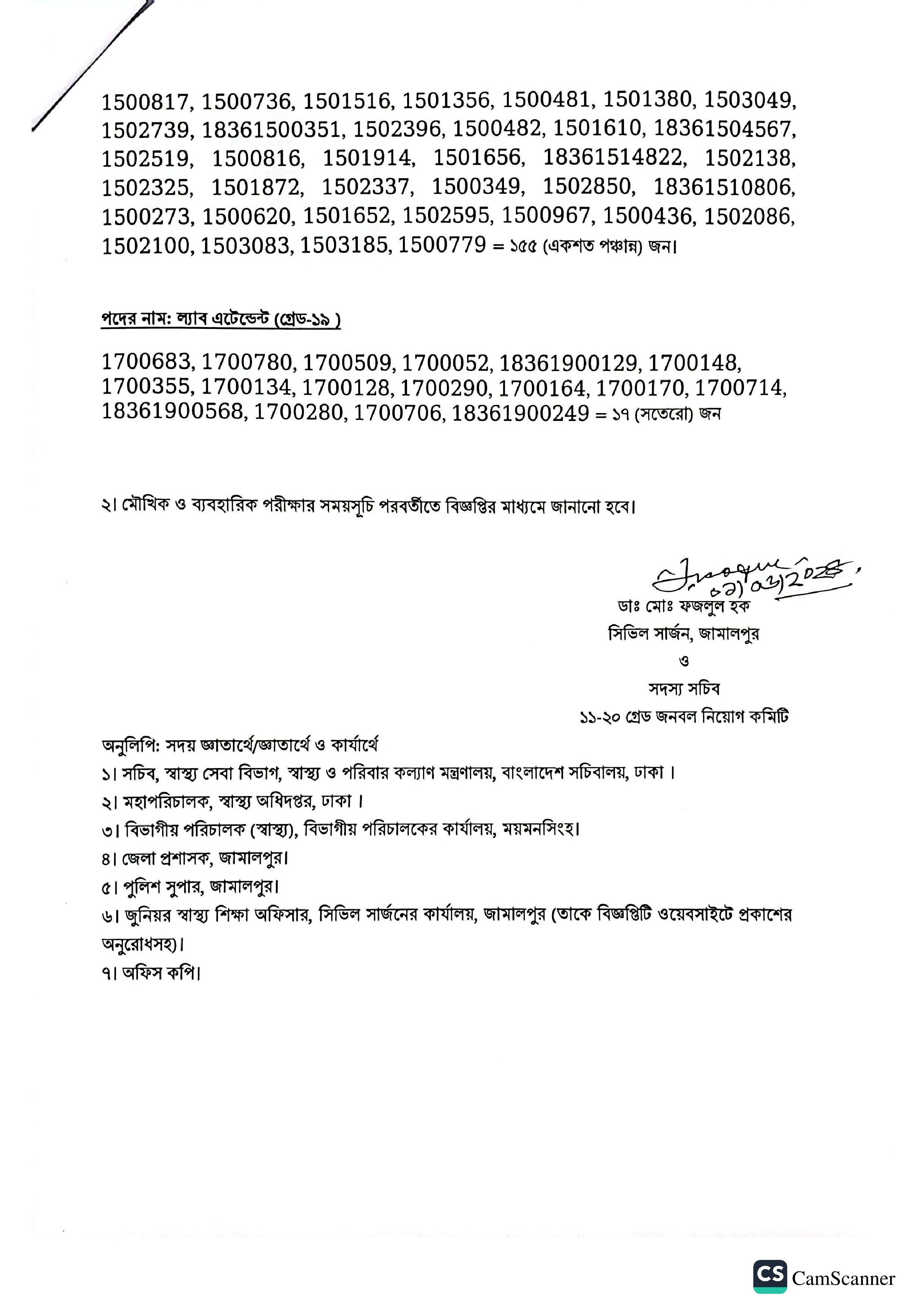 সিভিল সার্জন কার্যালয় জামালপুর এর চাকরির পরীক্ষার ফলাফল প্রকাশ