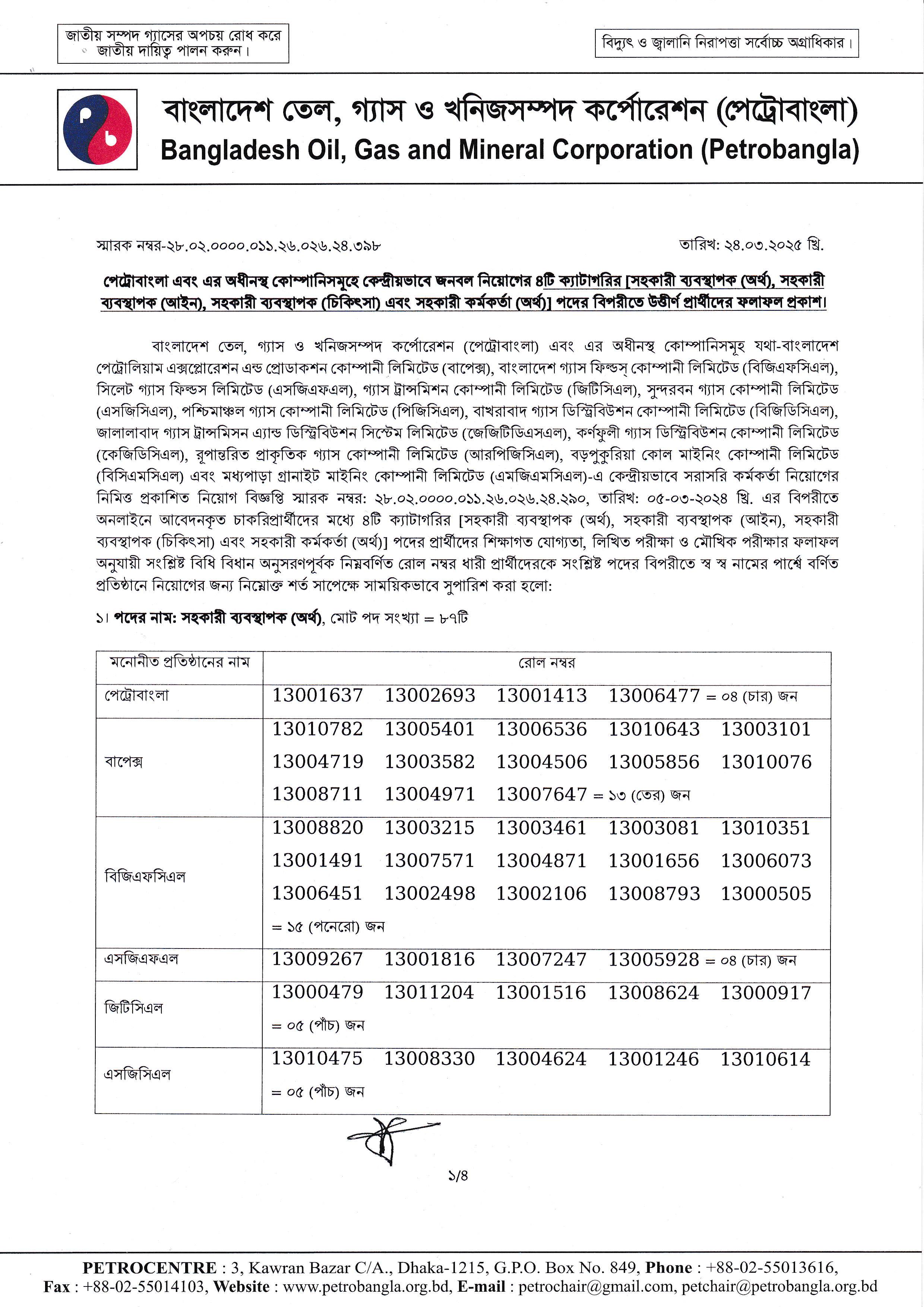বাংলাদেশ তৈল গ্যাস ও খনিজ সম্পদ কর্পোরেশন (পেট্রোবাংলা) এর চাকরির চূড়ান্ত ফলাফল প্রকাশ