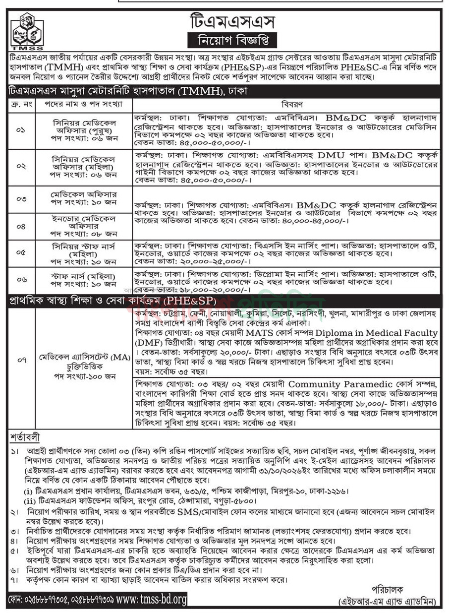 TMSS Job Circular 2026: টিএমএসএস-এ বিভিন্ন পদে বিশাল নিয়োগ বিজ্ঞপ্তি প্রকাশ